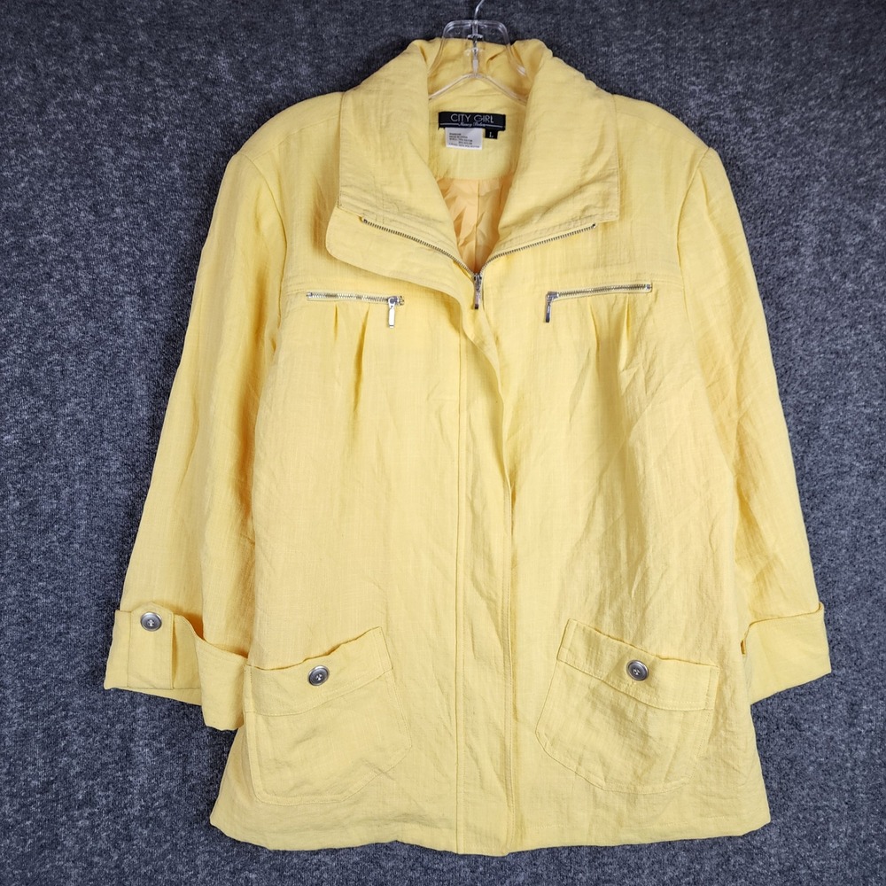 City Girl Jacket Womens L Nancy Bolen Yellow Zip Up 3/4 Sleeve Utility EUC